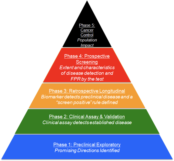 Five phases of biomarker development depicted as a pyramid with a wide foundation for phase 1 at the bottom and a tiny triangle at the top for phase 5, with phases 2–4 (inclusive) betwixt.